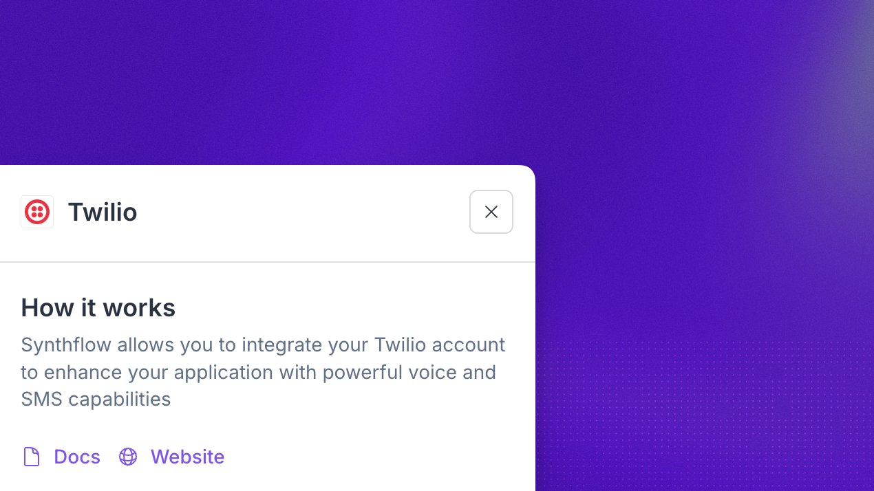 Twilio integration card in the Synthflow dashboard, showing a 'How it works' summary, Docs and Website links, and an Install App button