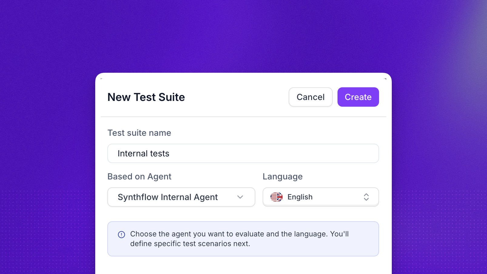New Test Suite dialog with fields to pick the target agent and the language for the simulated conversations