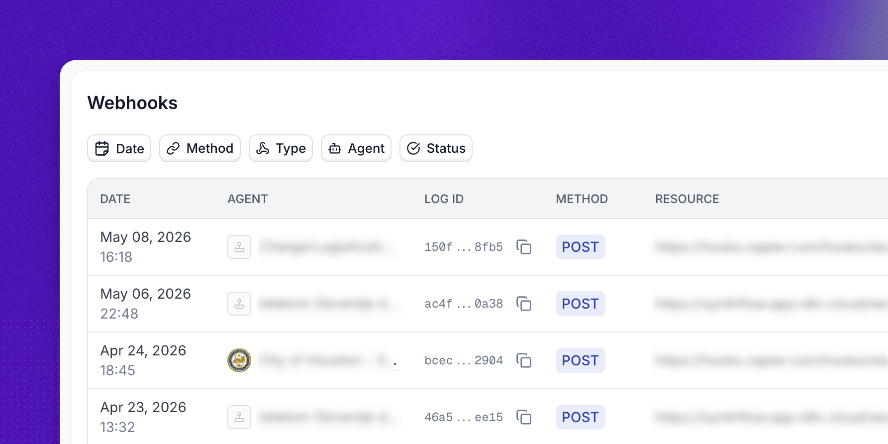 Webhook logs table with delivery status and response time