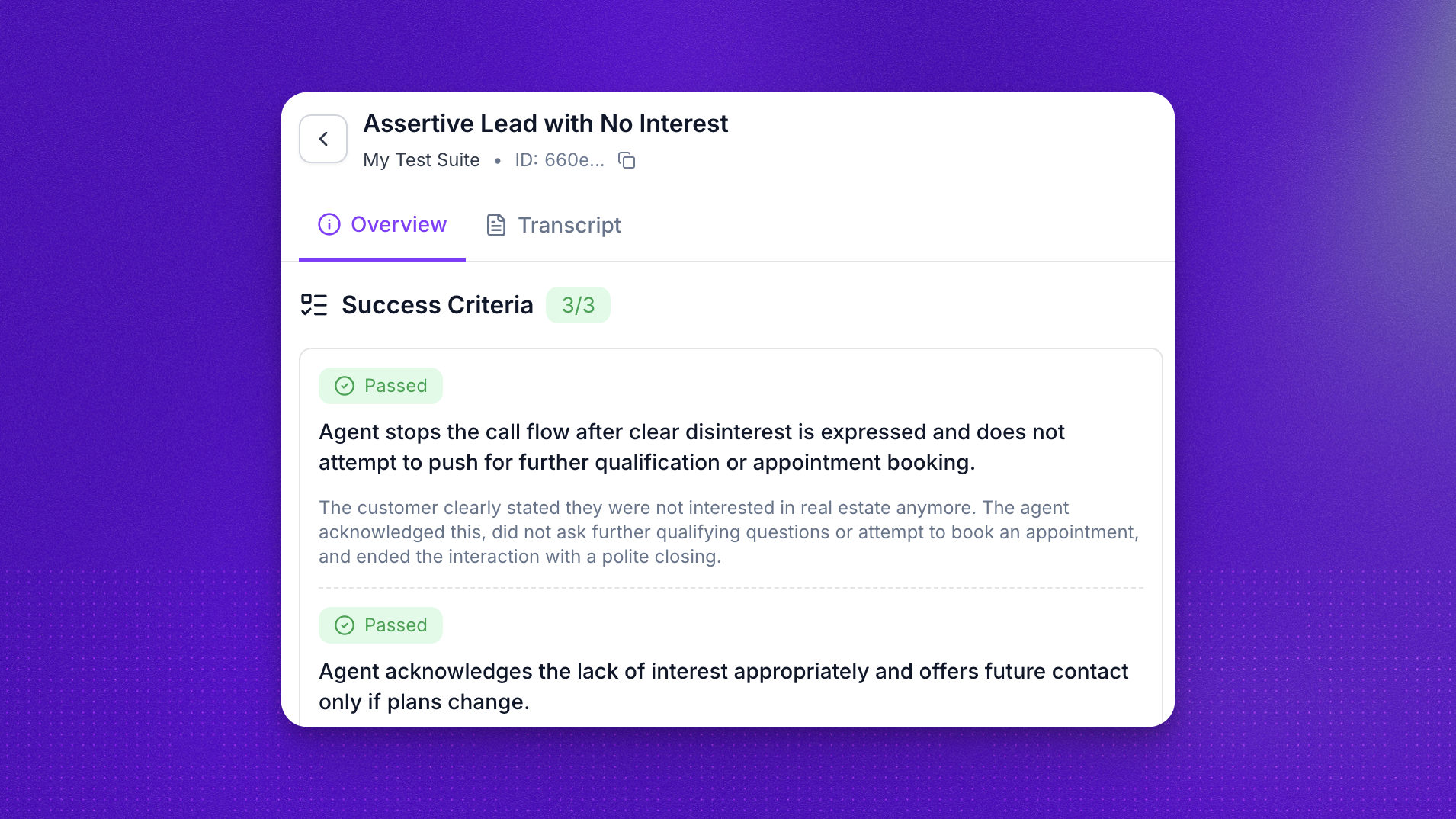 Test case detail view with success criteria badges, the scenario prompt, and a tab to view the full transcript