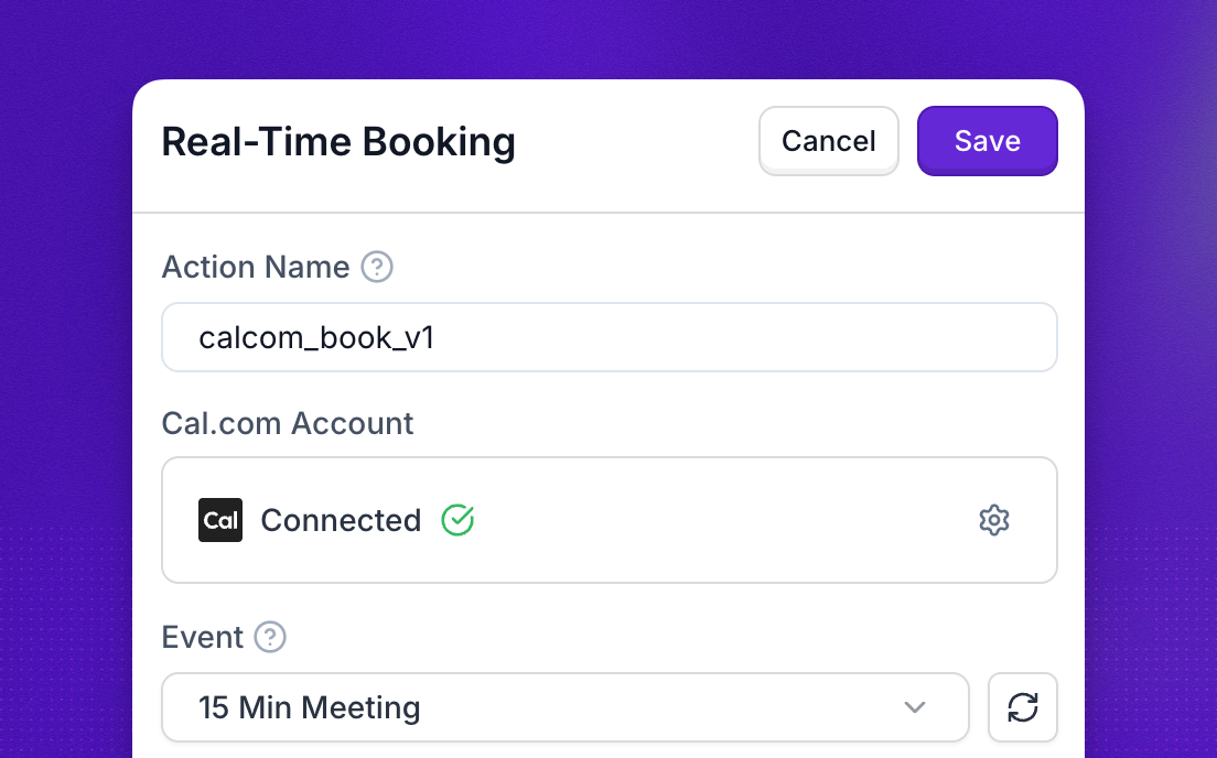 Real-Time Booking action configured with a connected Cal.com account, a selected event, and a lead_email variable