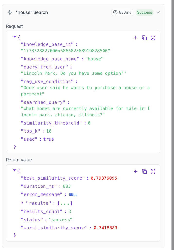 KB search action request and return value