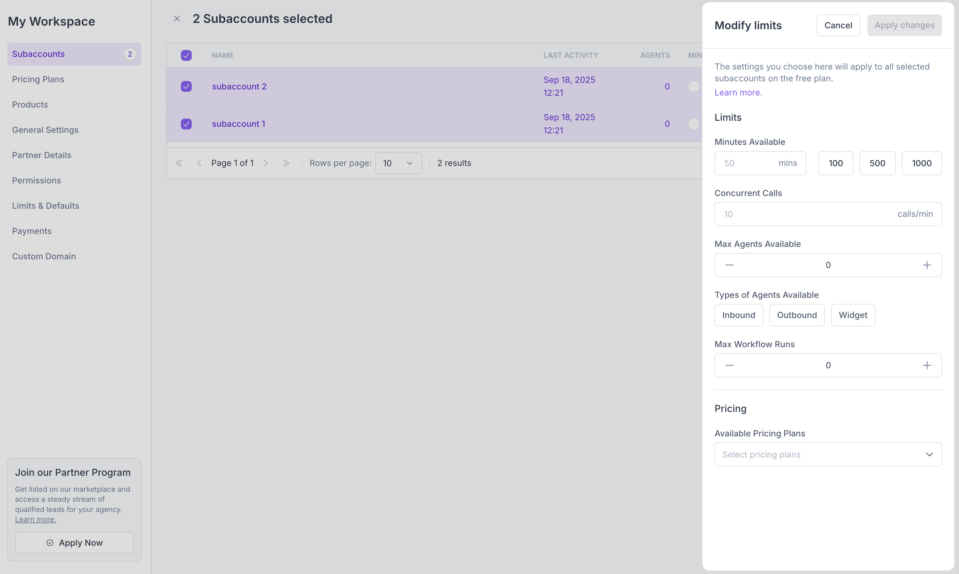 Limits & Defaults Bulk Edit Drawer