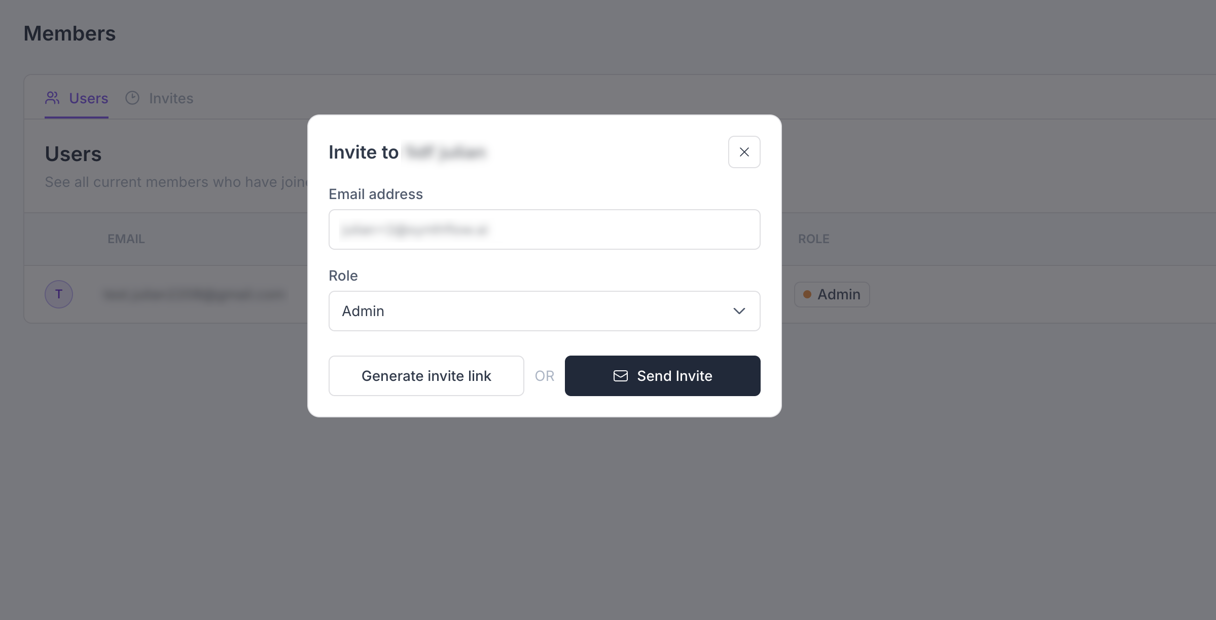 User invitation modal