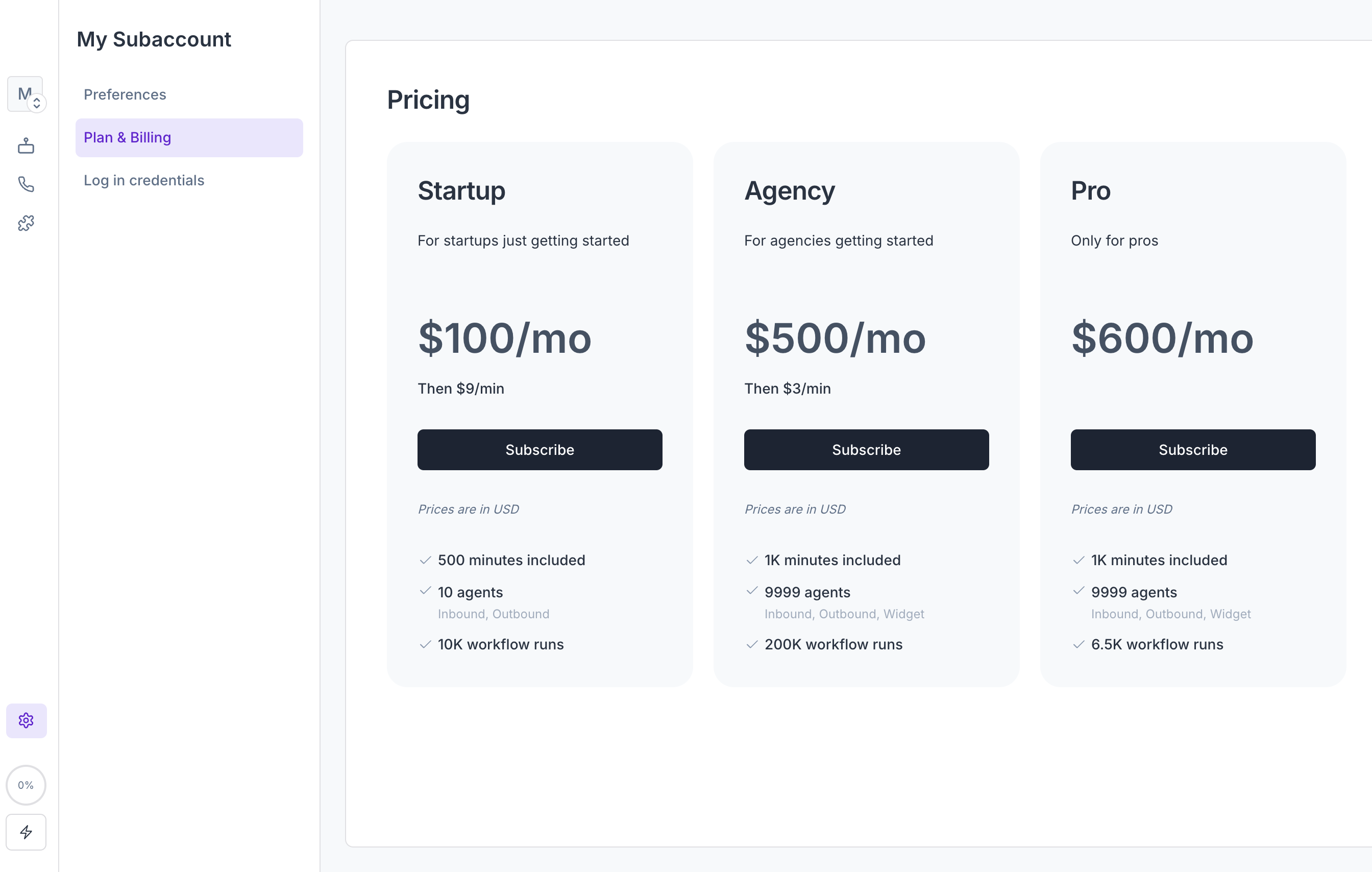 Pricing plans for subaccounts