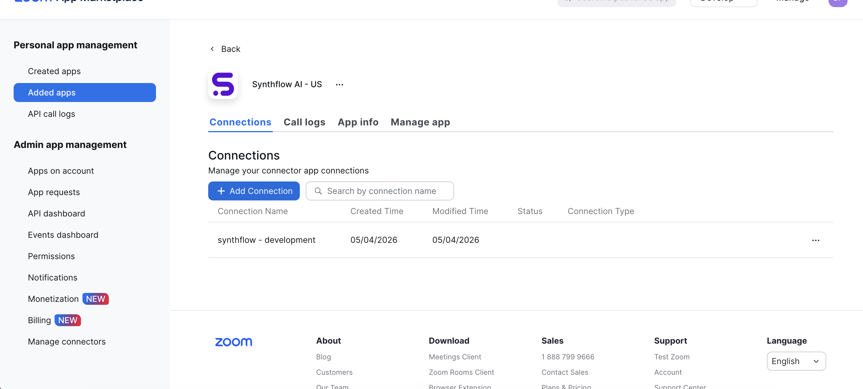 Synthflow AI app in the Zoom Marketplace showing the connections tab