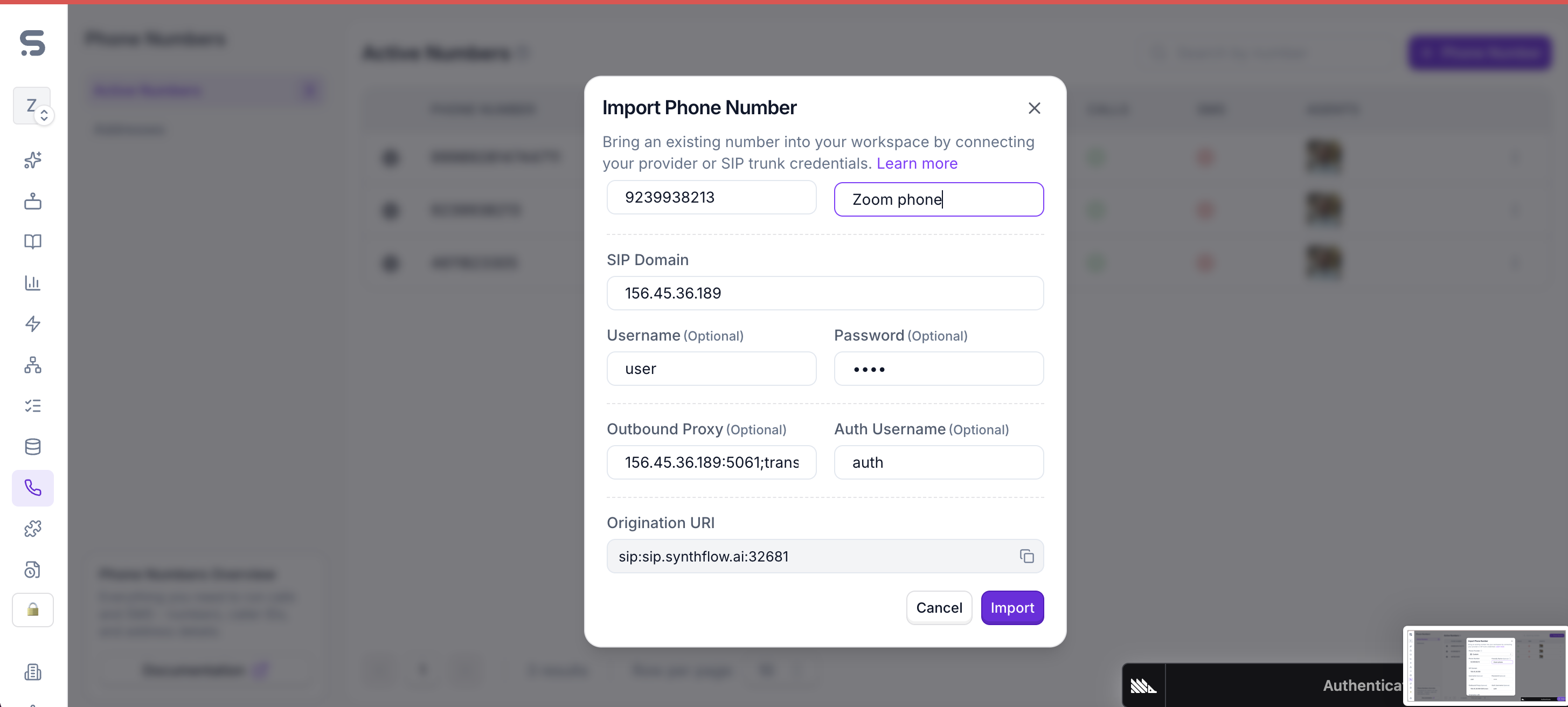 Synthflow Import Phone Number dialog showing the Origination URI