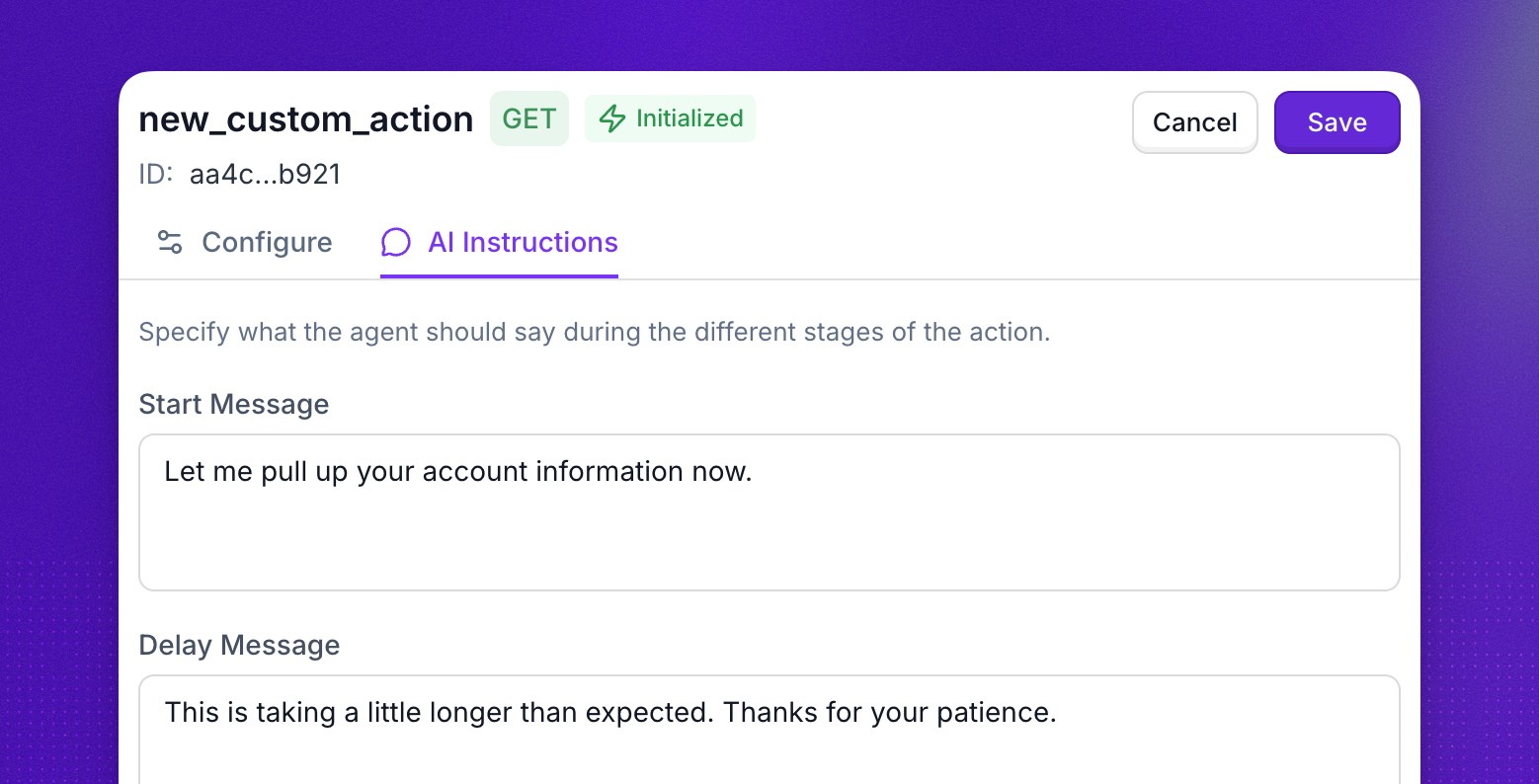 Custom action messages configuration
