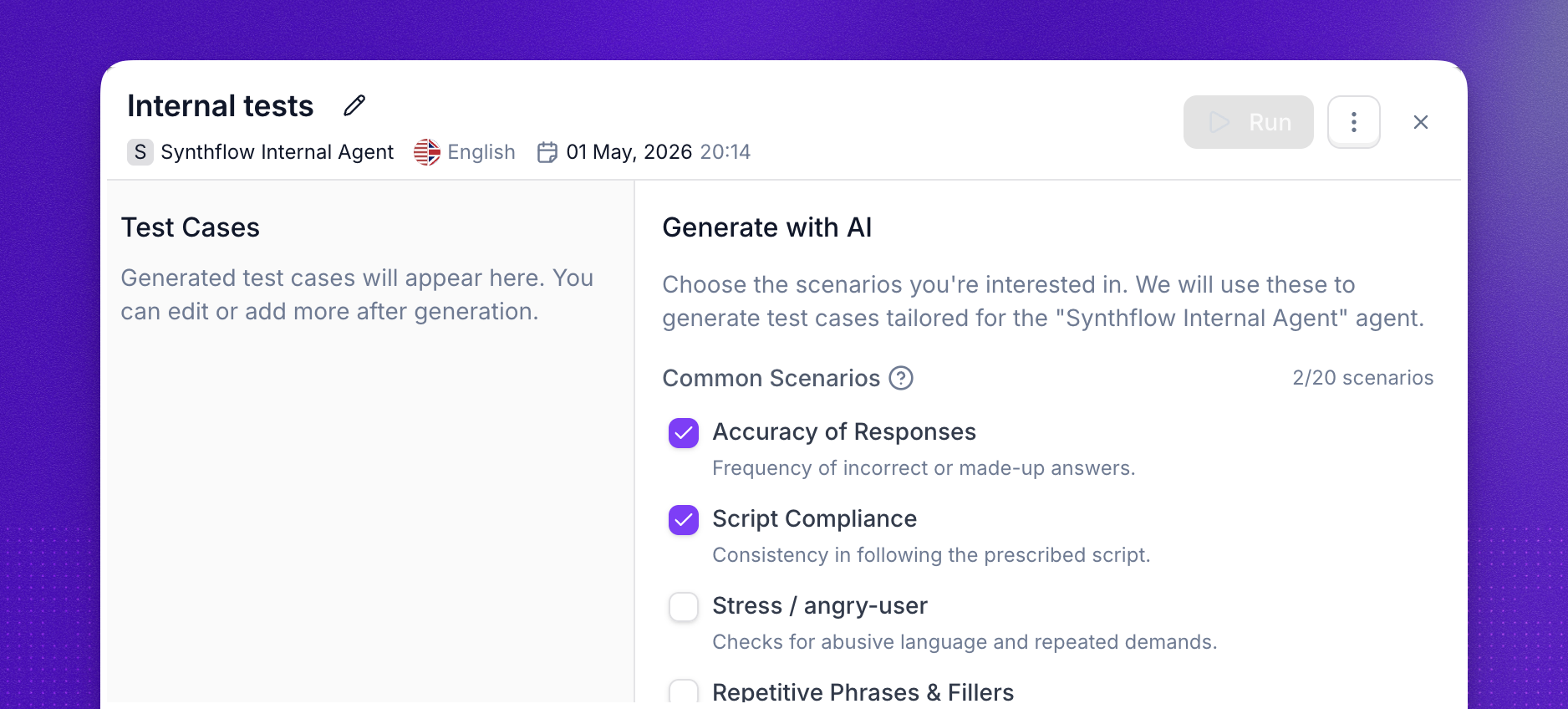 Scenario selection step listing built-in scenarios such as Accuracy of Responses, Script Compliance, and Conversational Naturalness, with an option to add a custom scenario