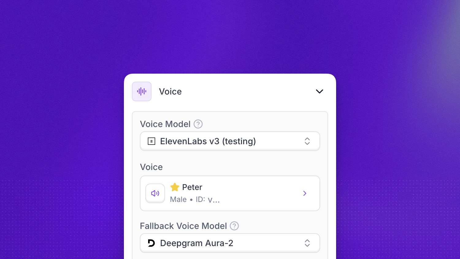Voice settings in the agent editor showing Voice Model, Voice, Fallback Voice Model, Fallback Voice, Patience Level, Speed, Volume, Speaker Boost, and the Advanced Settings panel