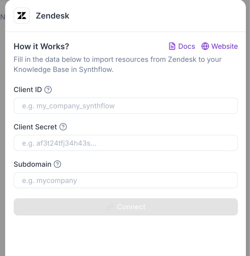 Zendesk OAuth connection form