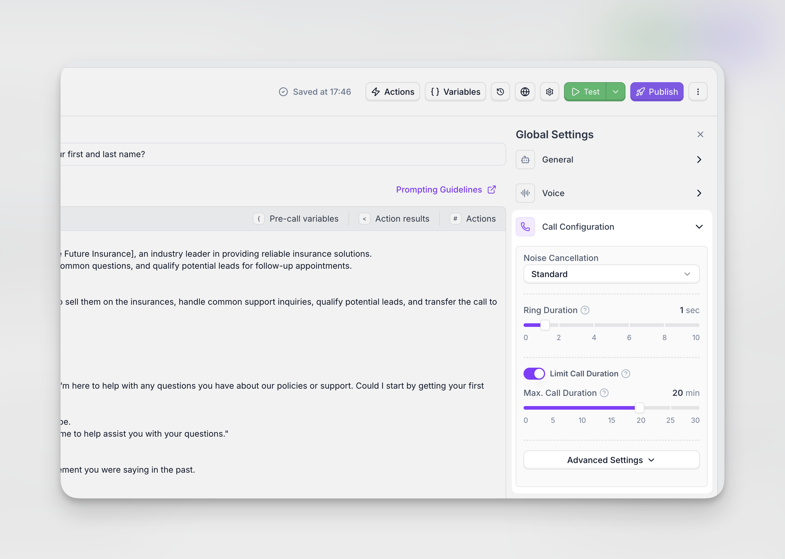 Call Configuration settings