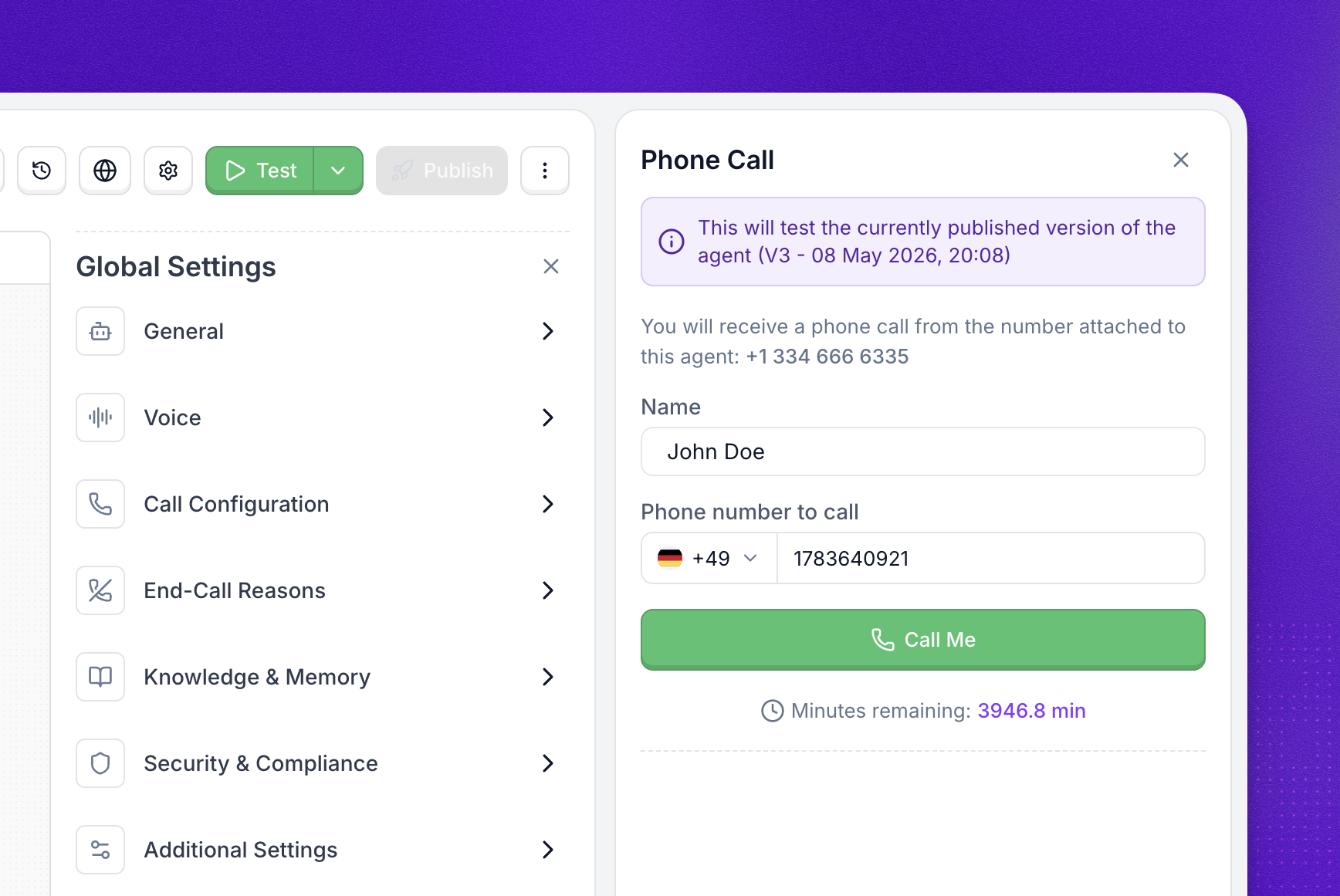 Phone call test panel