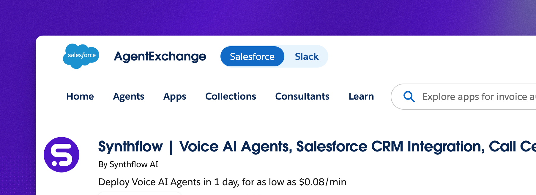 Synthflow app listing on Salesforce AppExchange