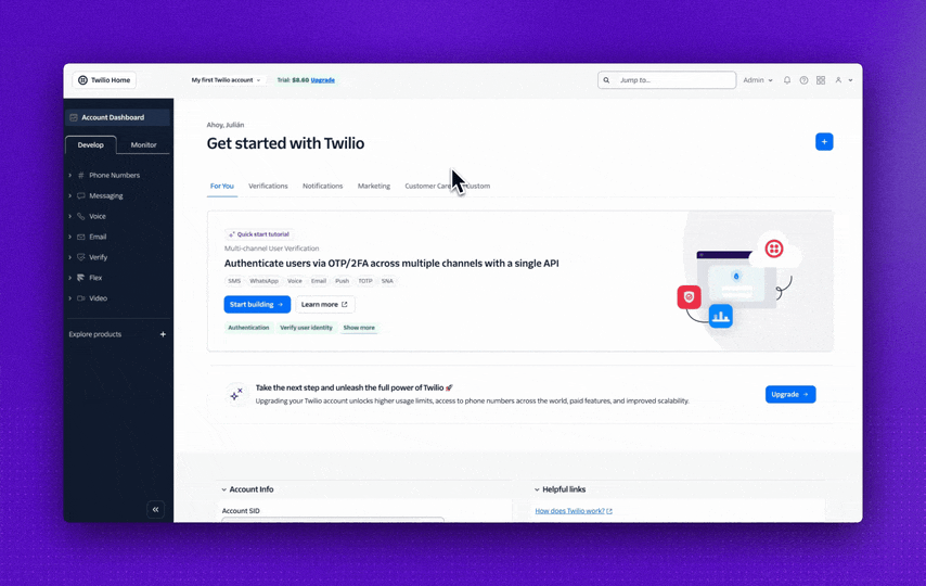 Walkthrough of locating the Ireland-region Account SID and Auth Token inside the Twilio Console
