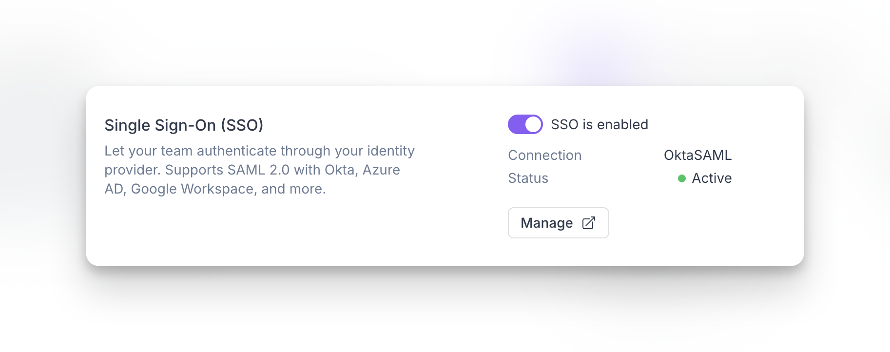 SSO enabled and active connection status