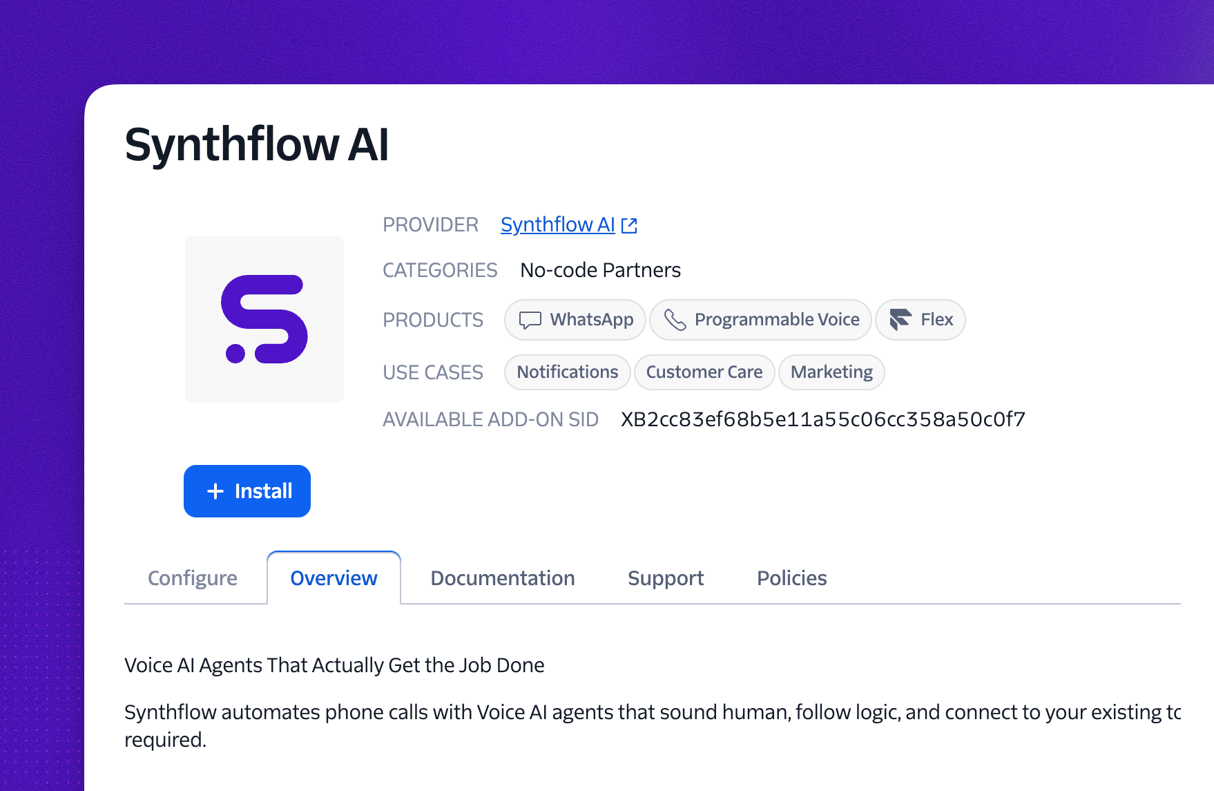 Synthflow AI listing in the Twilio Marketplace, with product tags for WhatsApp, Programmable Voice, and Flex, plus an Install button