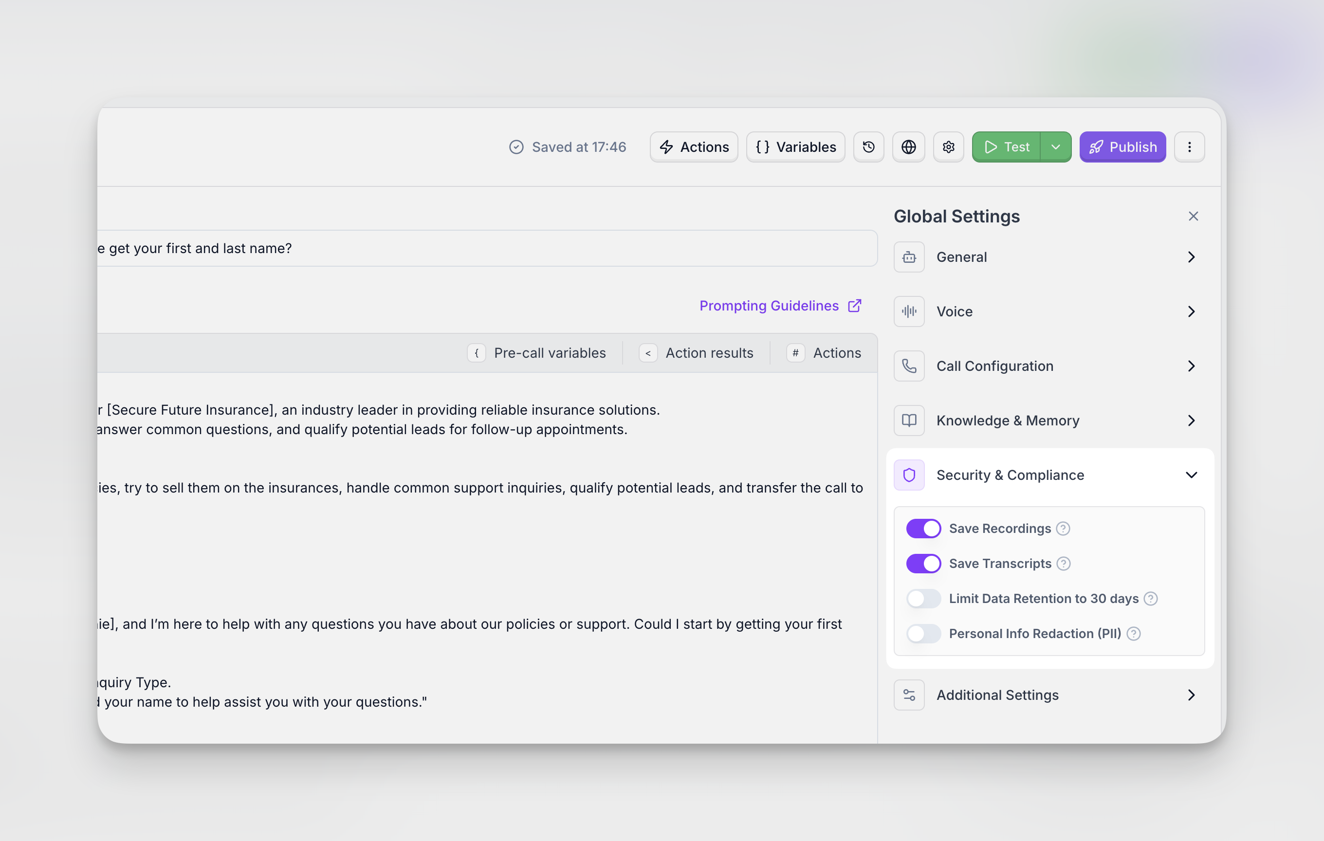 Security & Compliance settings