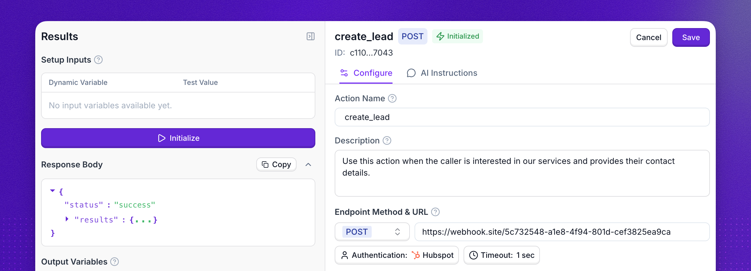 Custom action named create_lead, configured as a POST request to a webhook endpoint with HubSpot authentication, alongside the Results panel showing setup inputs, an Initialize button, and a successful response body