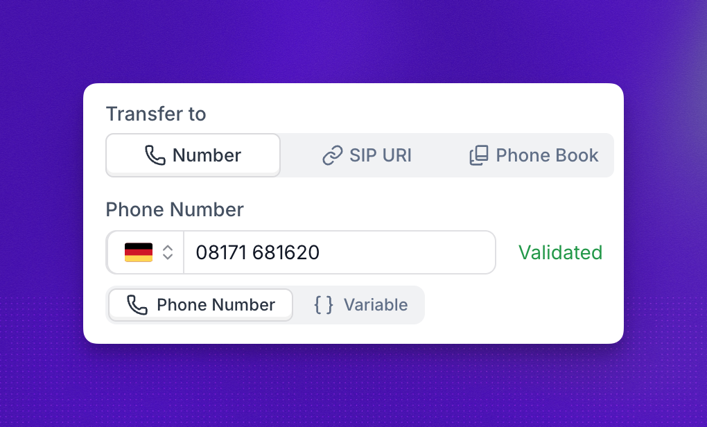 TEL transfer destination configured with a phone number in the call transfer action