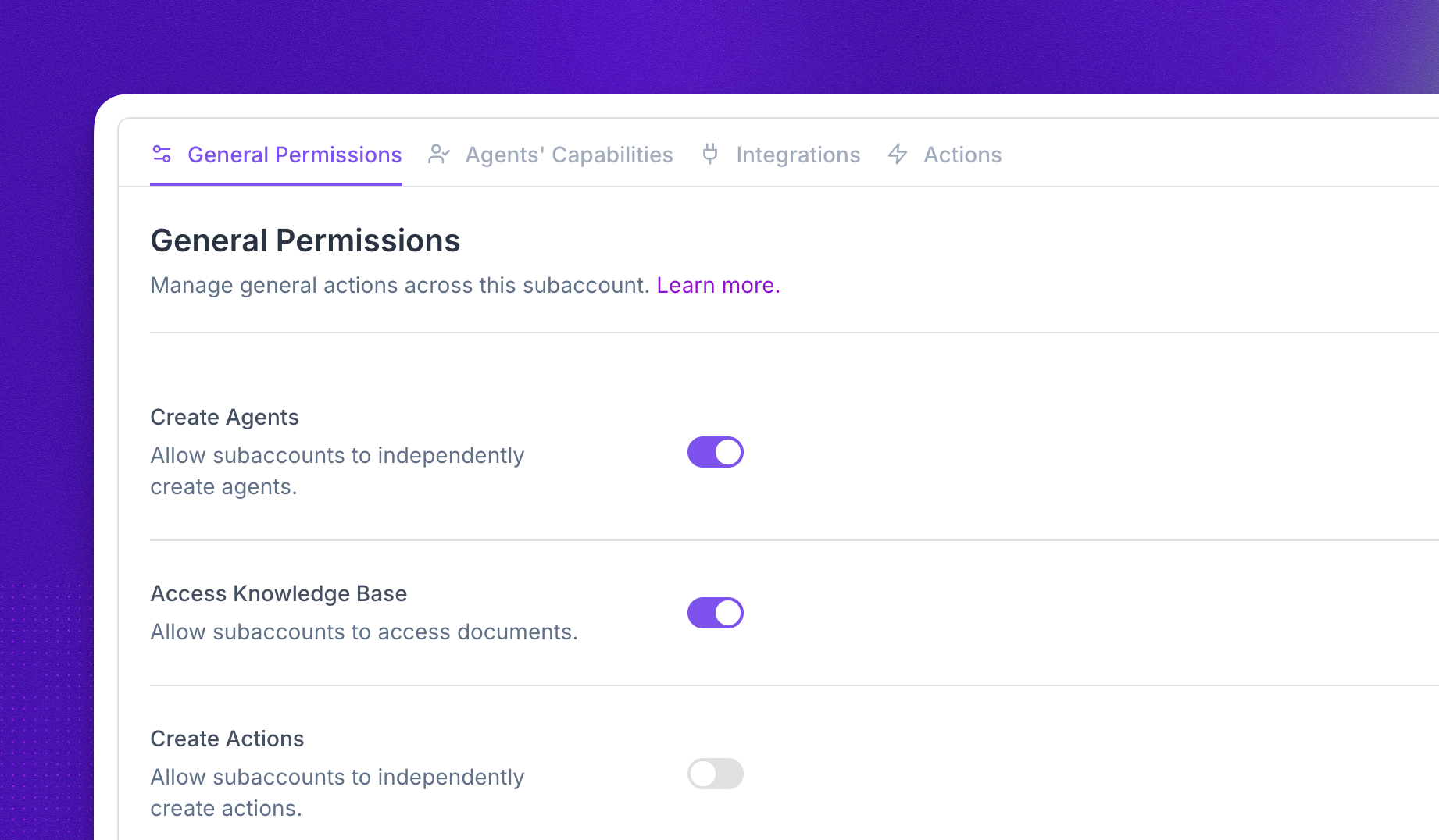 Subaccount permissions tabs
