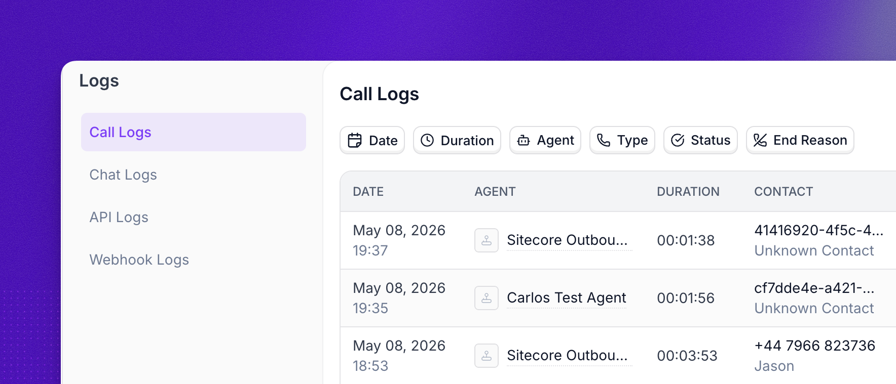 Logs page in the Synthflow dashboard