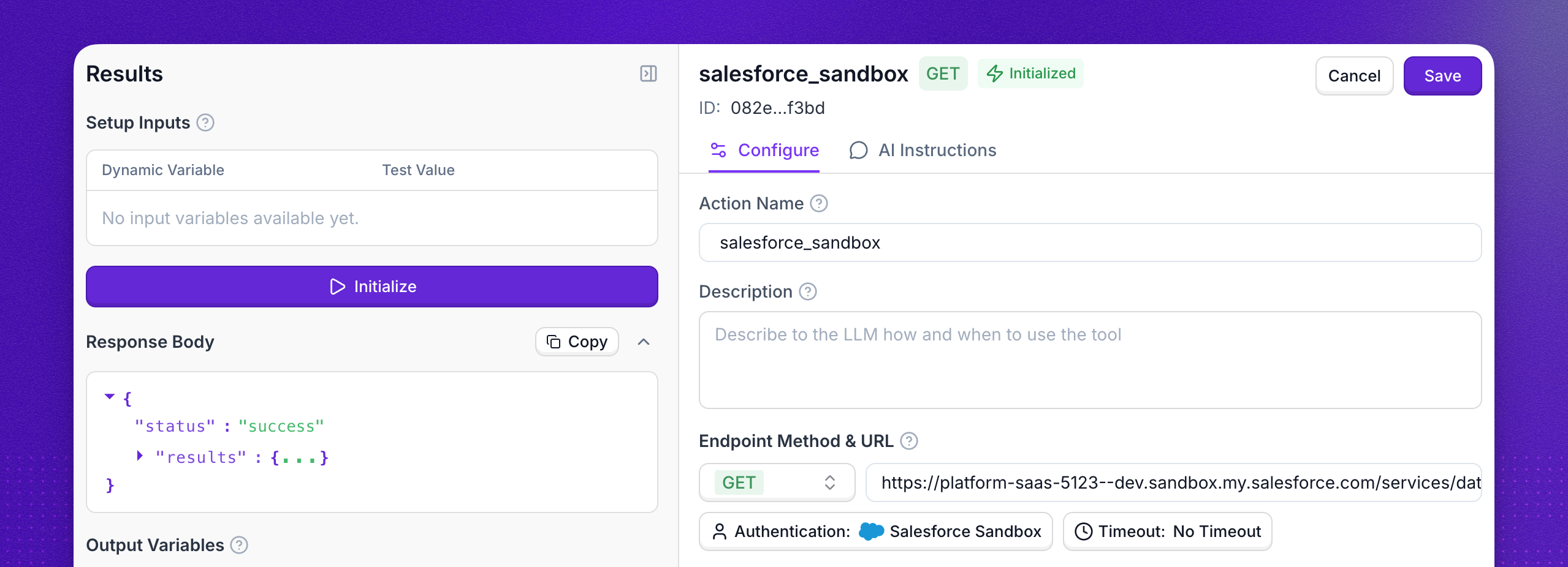 Custom action configured for Salesforce Sandbox with GET method, Salesforce Sandbox authentication, and initialized status