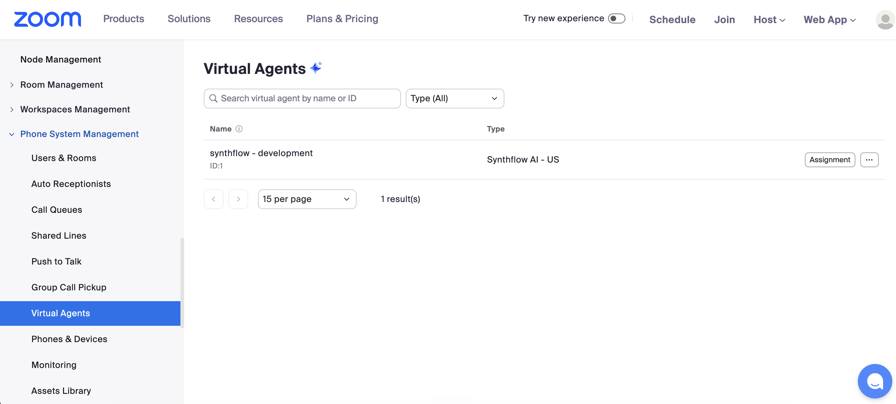 Zoom Phone Virtual Agents page showing the Synthflow virtual agent