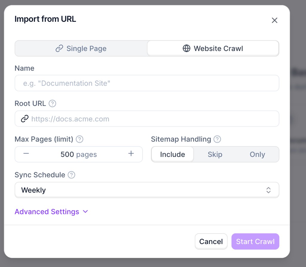 Import from URL modal with Website Crawl selected