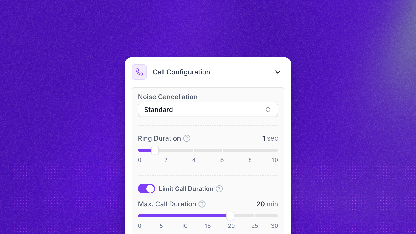 Call Configuration panel in the agent editor showing Noise Cancellation, Ring Duration, Limit Call Duration, Leave a Voicemail, and the Advanced Settings section