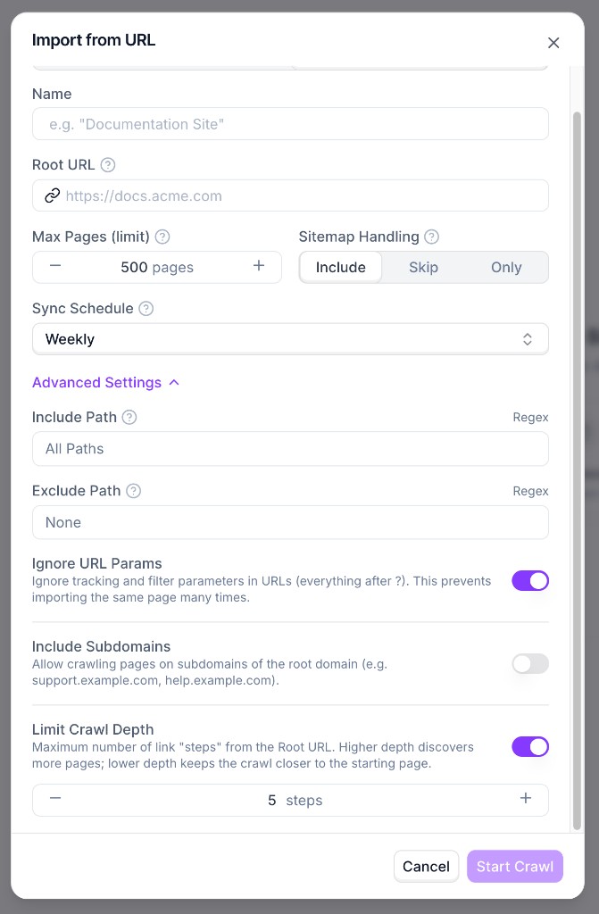 Advanced crawler settings including include/exclude paths and crawl depth