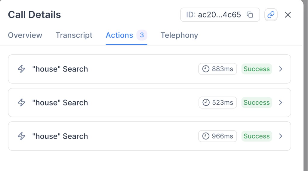 Call Details with Actions tab and KB search entries