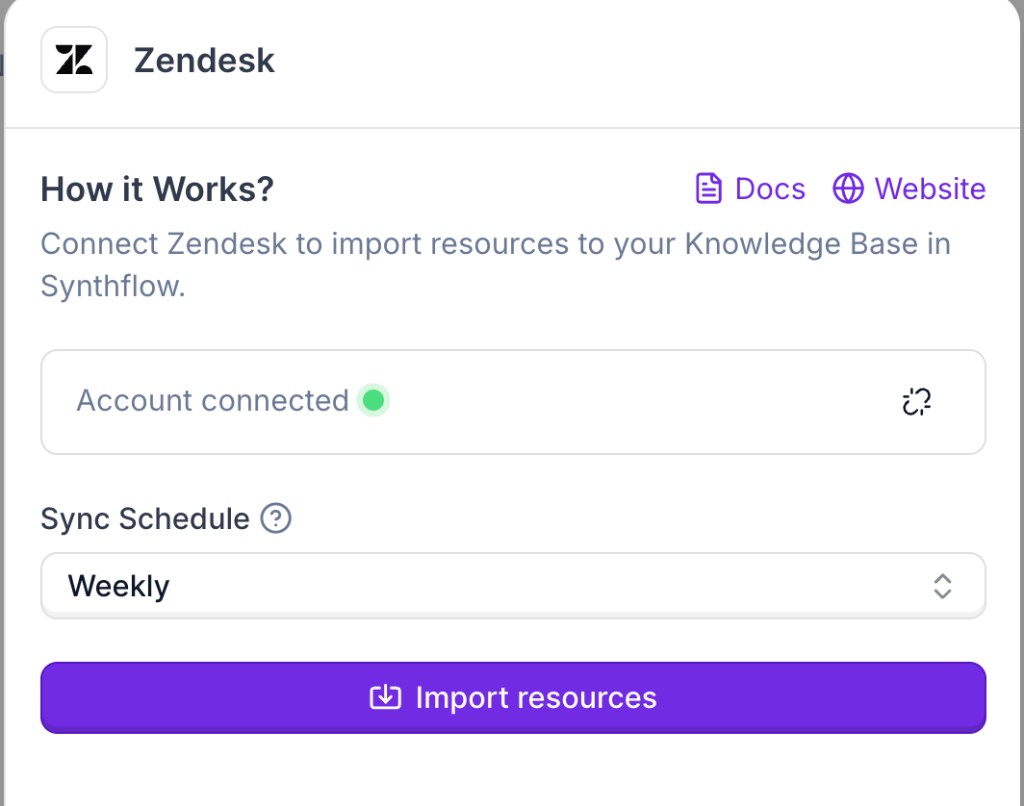 Connected Zendesk account with import resources button