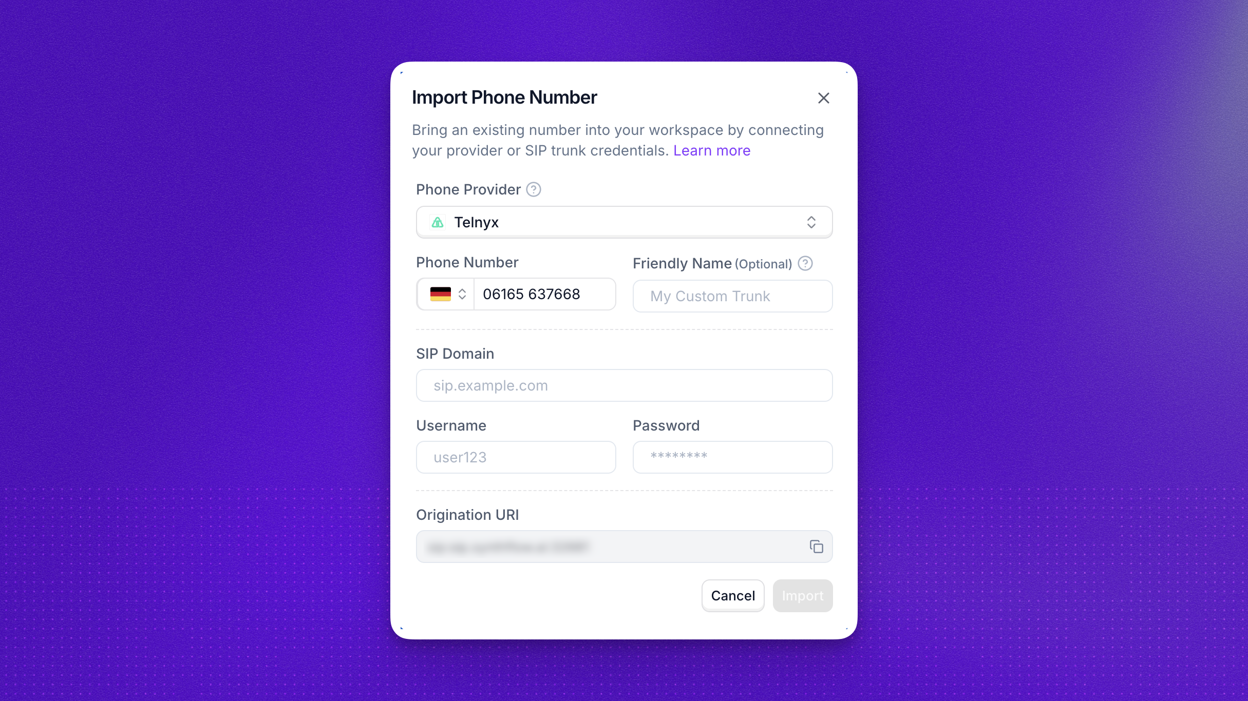Modal showing the import custom number setup