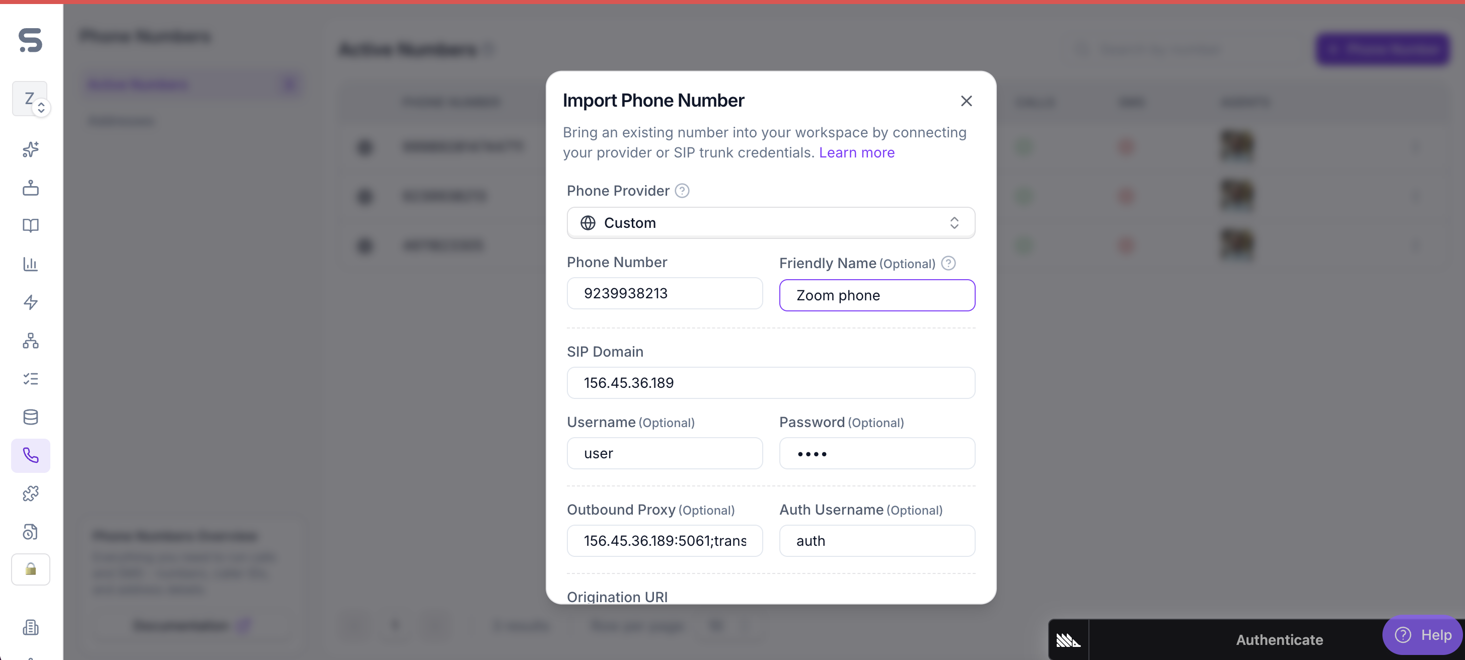Synthflow Import Phone Number dialog with Zoom Phone details