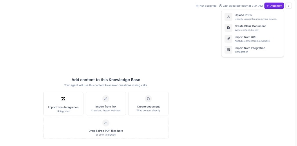 Knowledge Base add item menu and import tiles