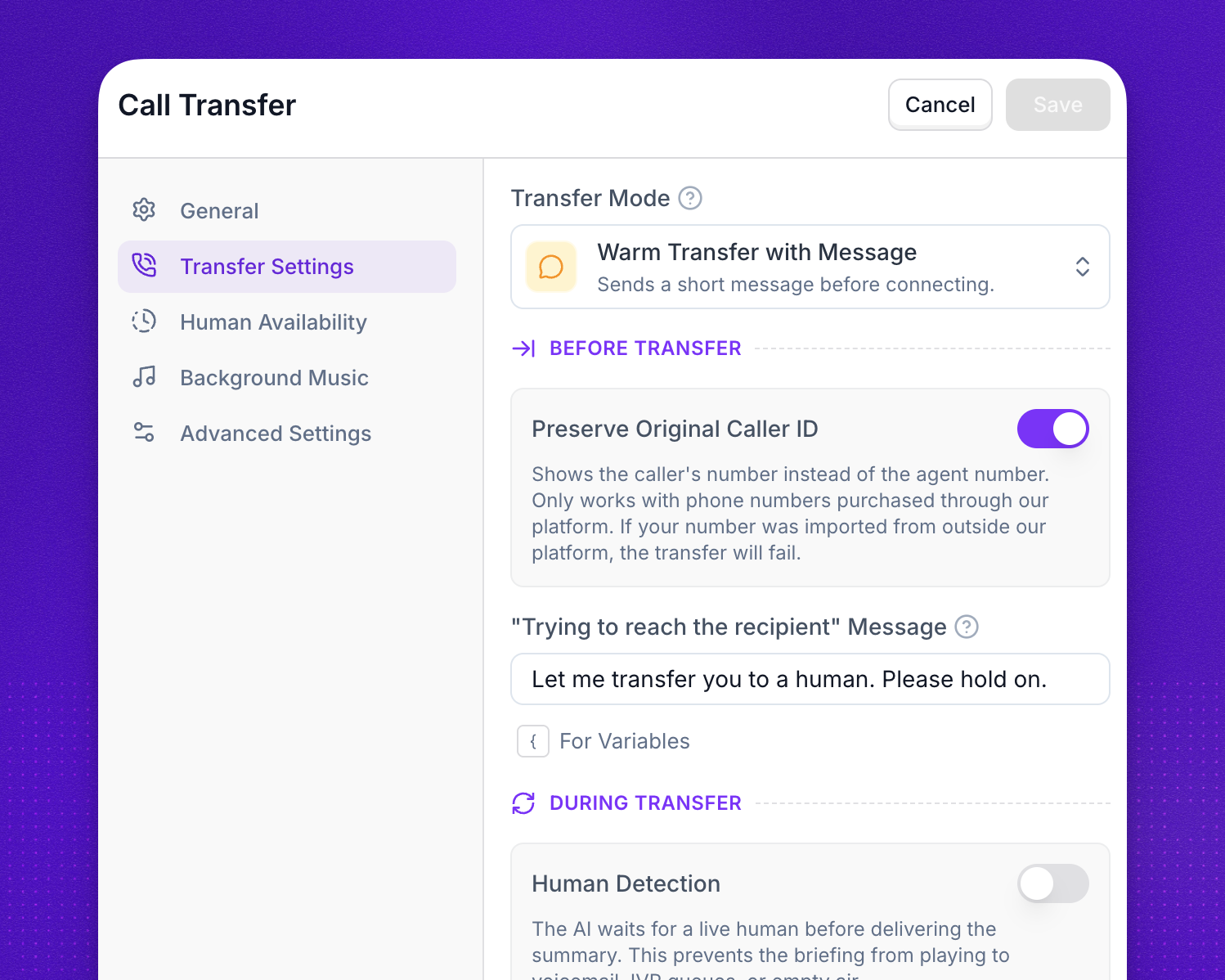 Transfer settings