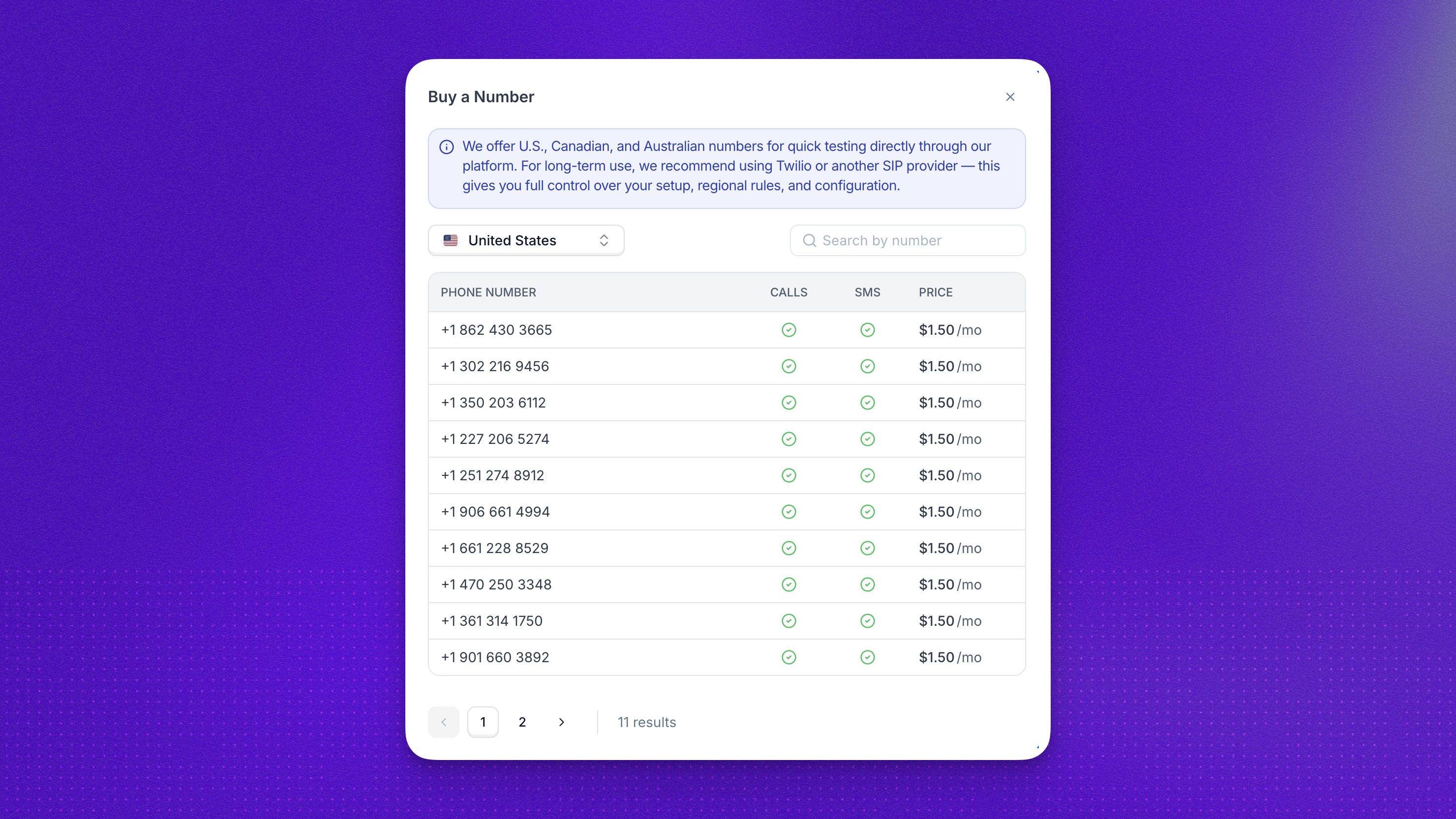 Modal showing the list of available numbers to purchase