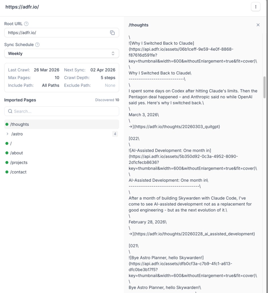 Imported pages and extracted content preview