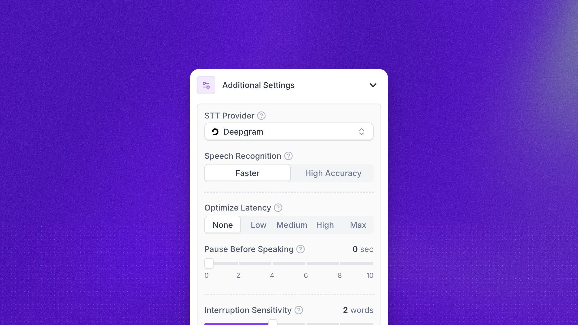 Additional Settings panel in the agent editor with STT Provider, Speech Recognition, Optimize Latency, Pause Before Speaking, Interruption Sensitivity, Fade Out at Interruption, Custom Vocabulary, Filter Words, and Use Realistic Filler Words