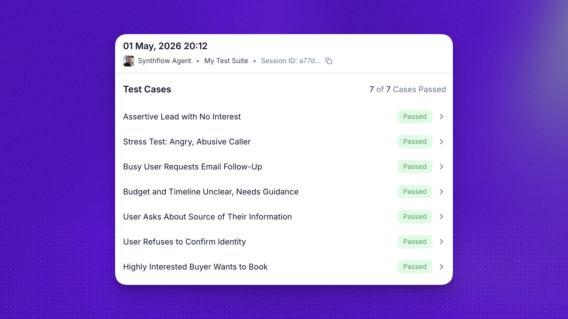 Run History tab listing simulation sessions with date, agent, test suite name, and overall pass or fail status