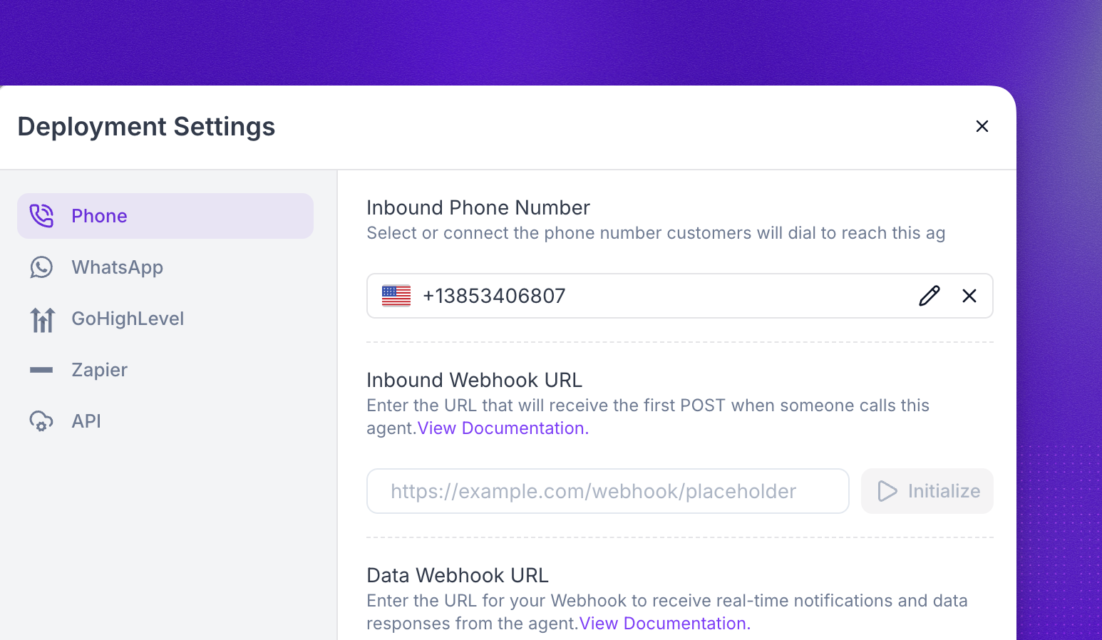 Deployment settings with phone, GoHighLevel, Zapier, and API options