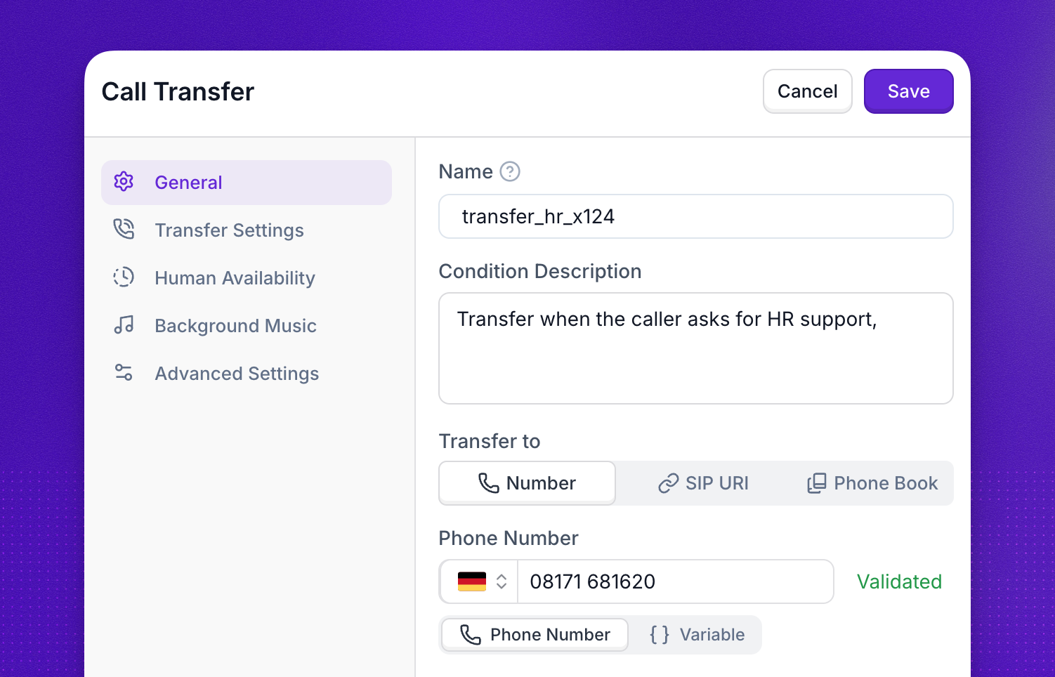 Call transfer action configuration in the Synthflow agent editor