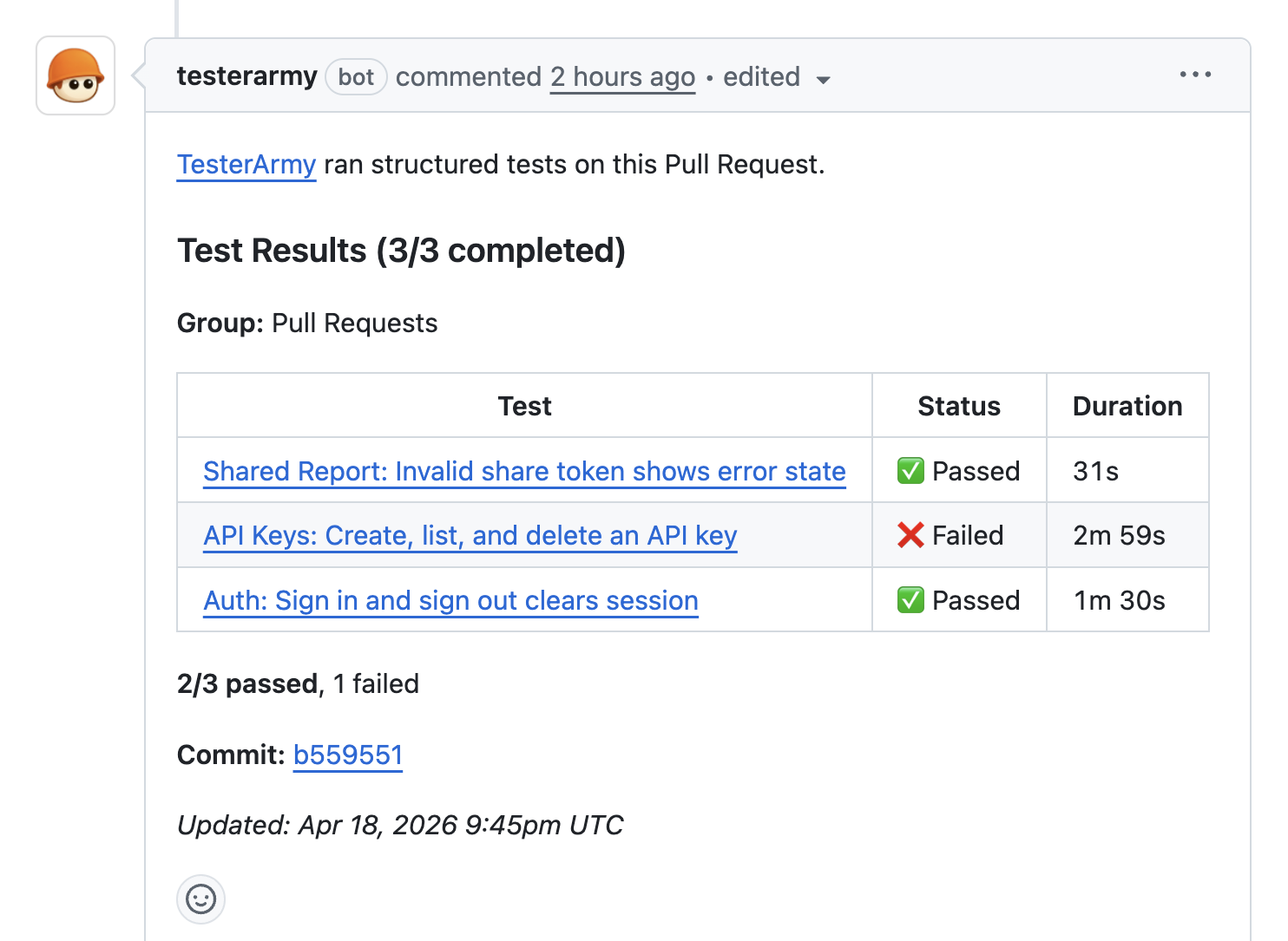 Predefined tests PR comment