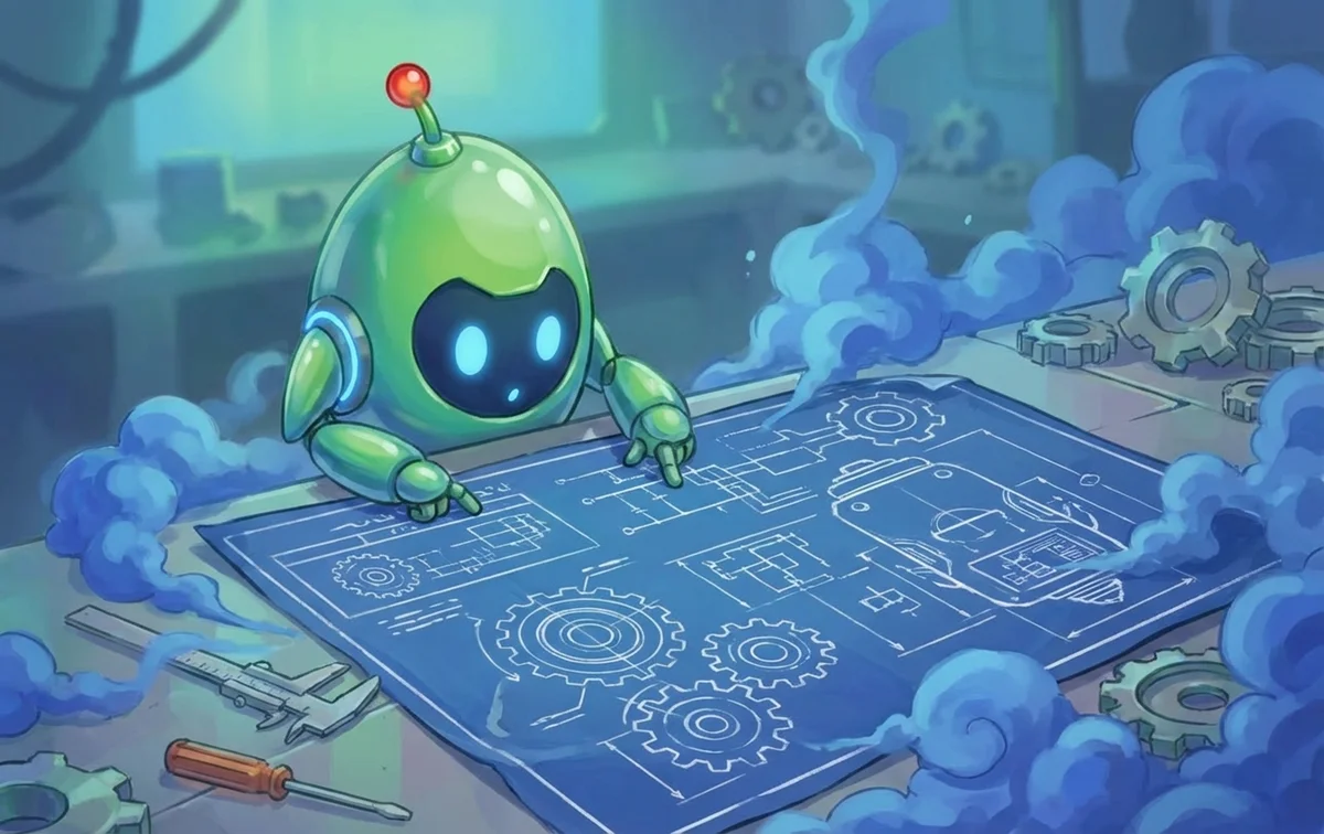 Agent studying technical blueprints with gears and tools