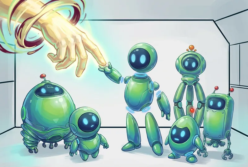 Human hand reaching toward group of agents