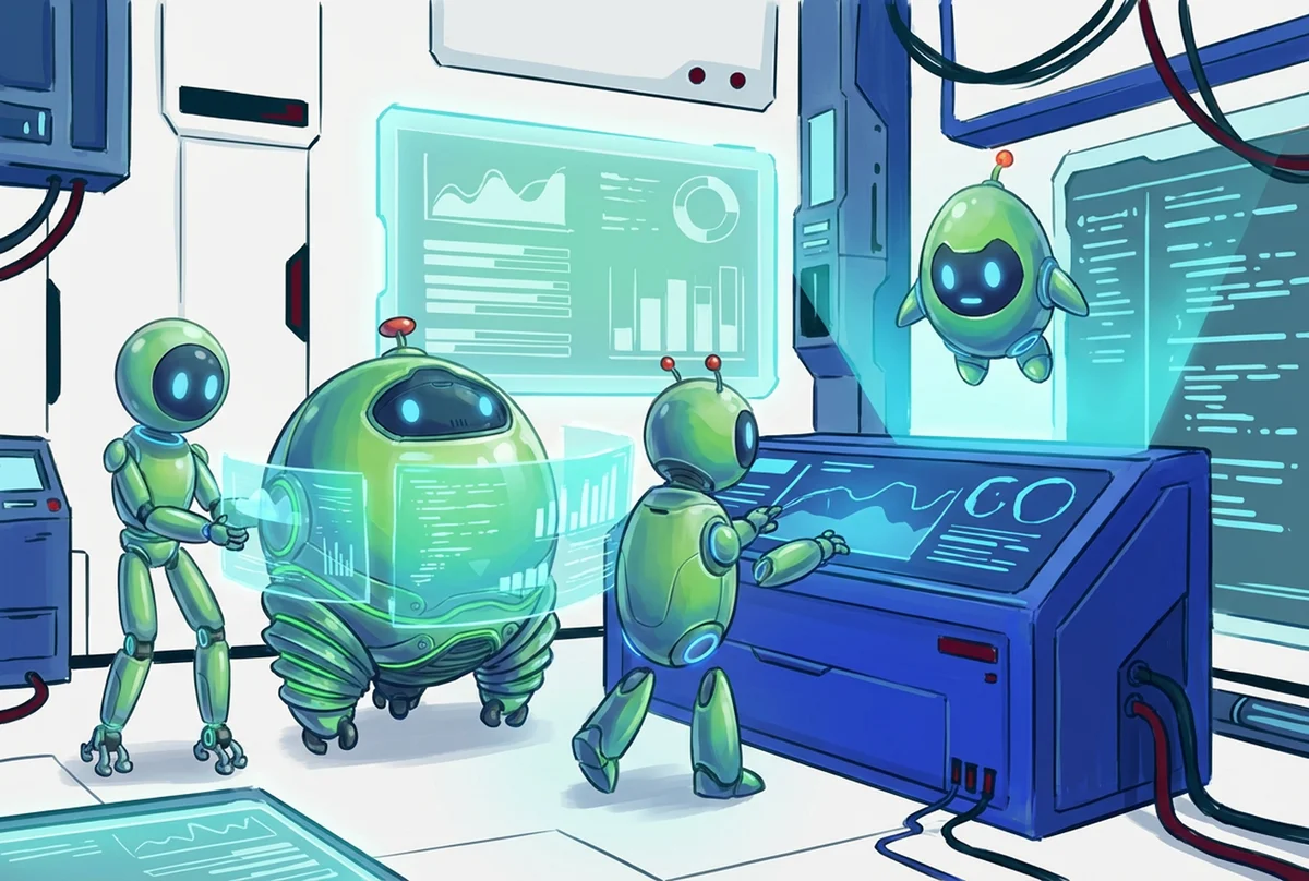 Agents in lab with screens and analytics dashboards