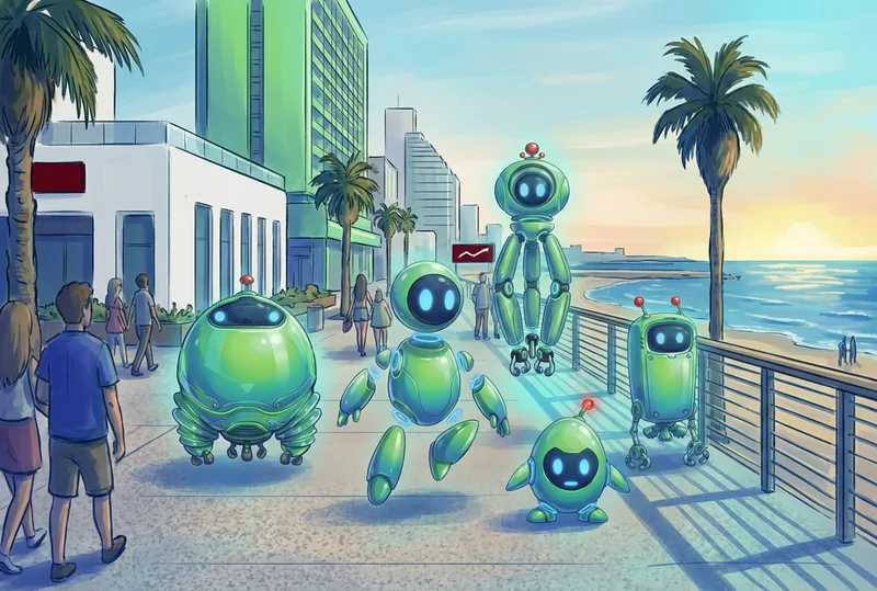 Agents walking on beachfront promenade with humans