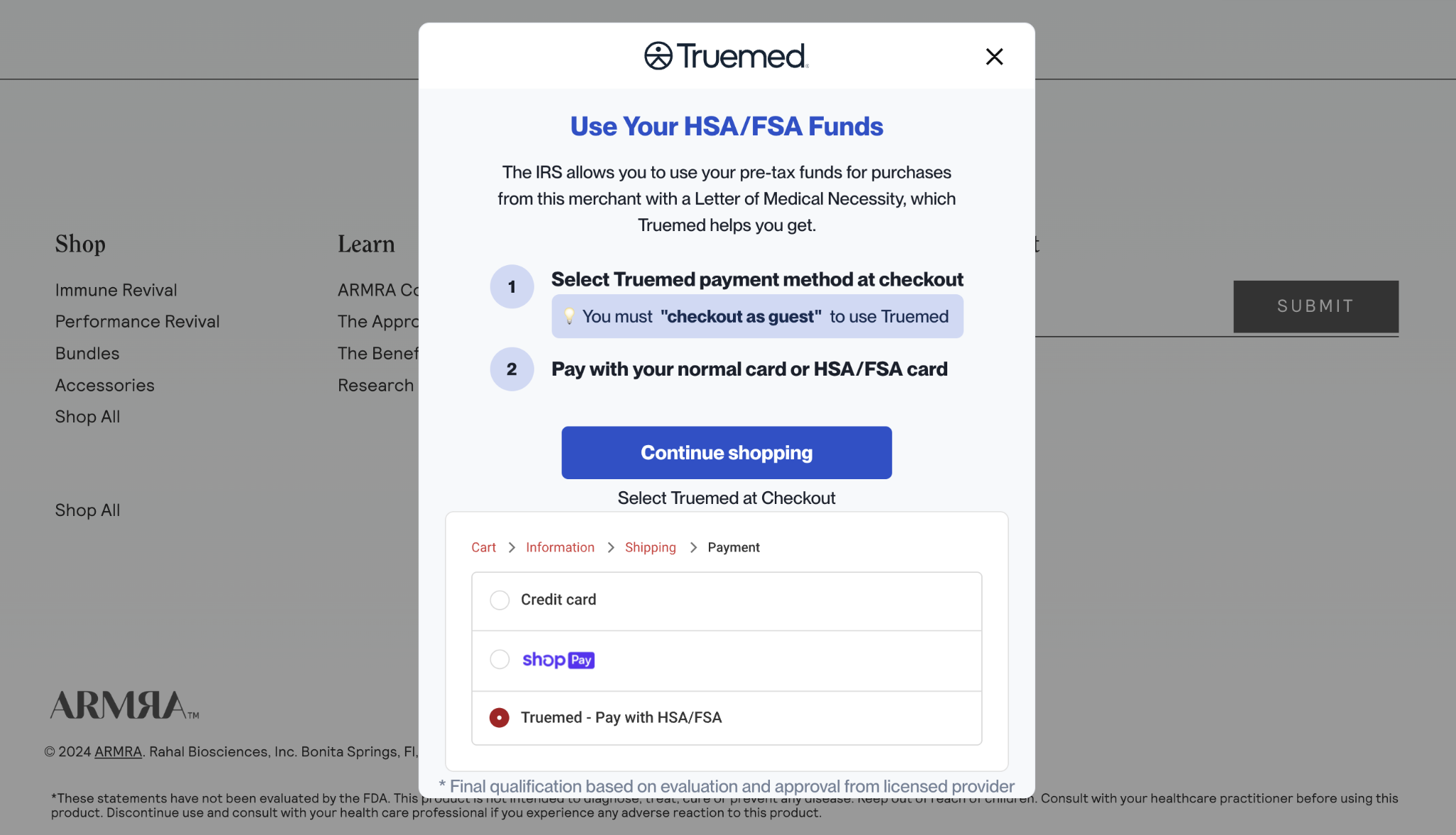 Learn How popup explaining HSA/FSA payment