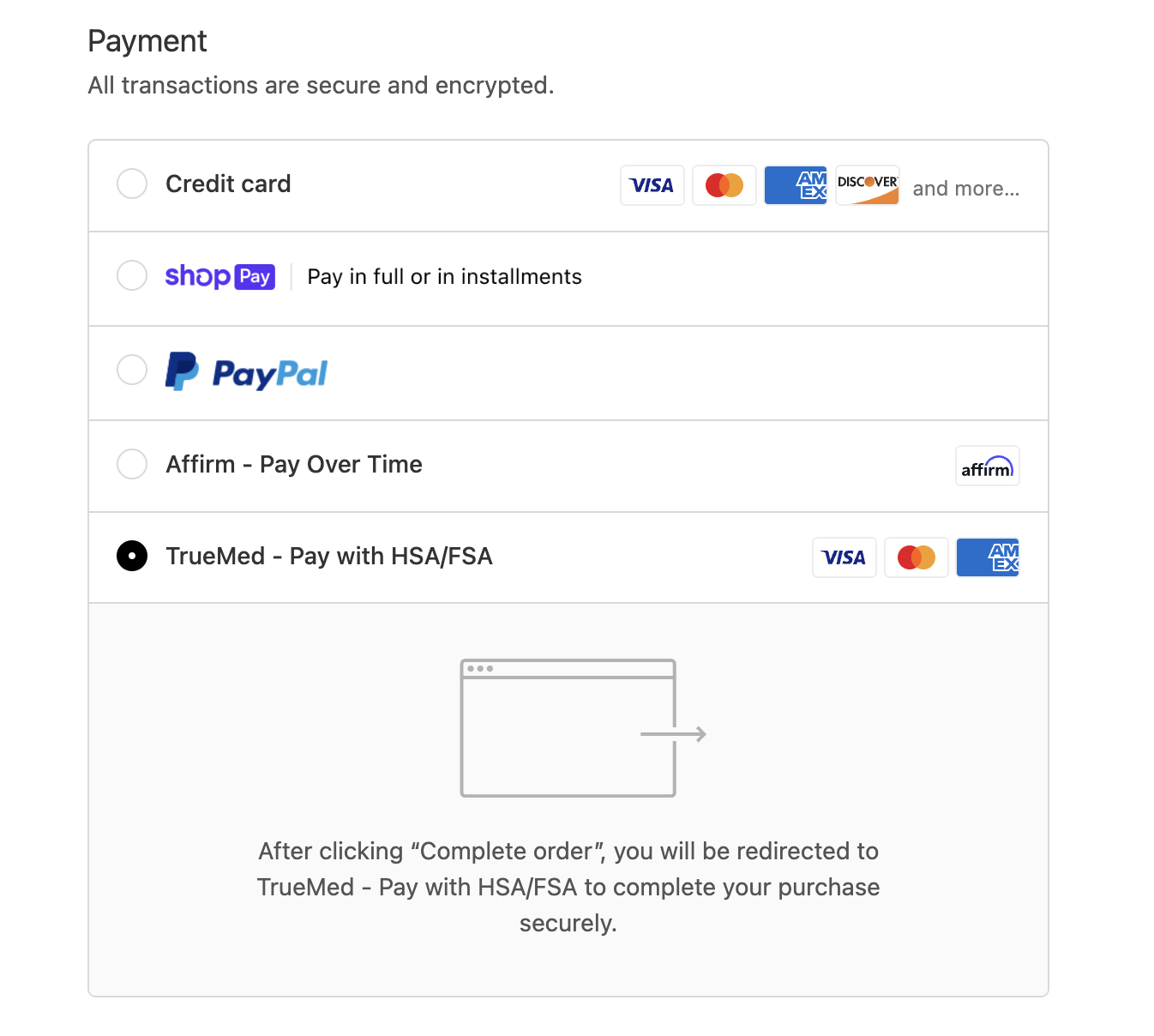 Checkout page showing Truemed as a payment option